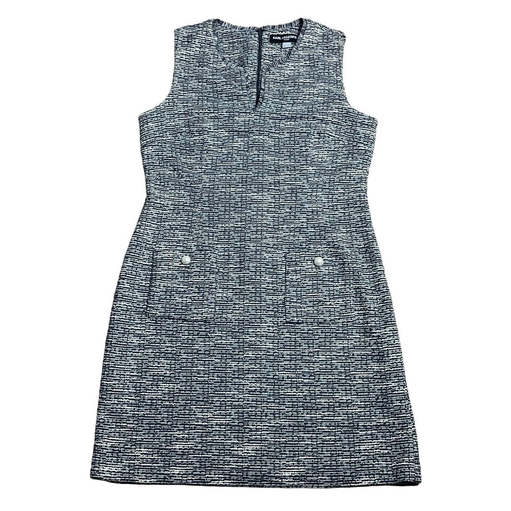 Karl Lagerfeld Paris Black Tweed Shift Dress Sz 12 V-Neck Pearl Accent Pockets